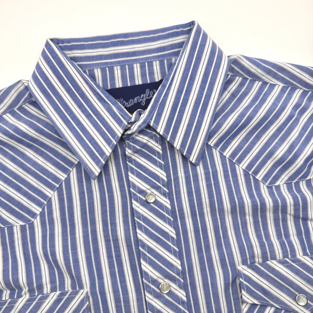 Wrangler Mens Western XL 16.5-35 Blue White Striped Long Sleeve Cowboy Pearlsnap
